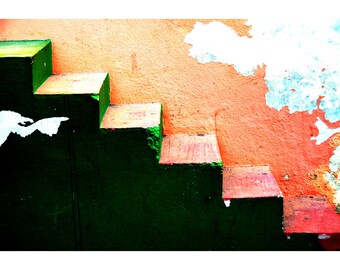 Photographie urbaine couleur, Escaliers roses et verts, San Cristobal de las Casas, Printable Digital Instant Download