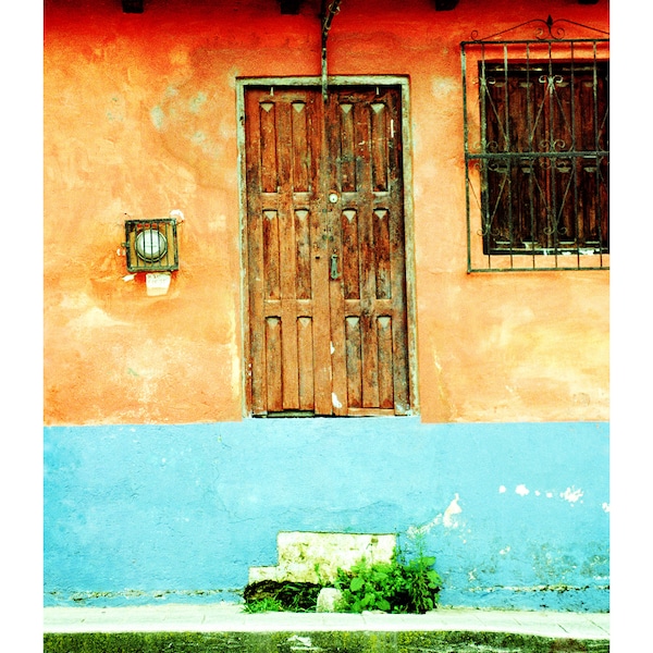 Color Analog Photography, Wooden Door And Red And Blue Wall, San Cristobal de las Casas, Chiapas, Mexico, Printable Digital Instant Download