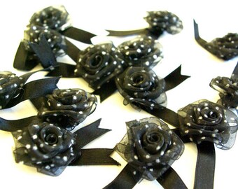 Two For One Sale - Black Organza Roses with White Polka Dots(12 Pkt) 4cm wide Embellishments Crafts