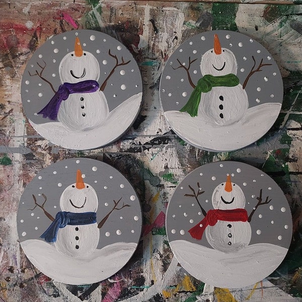 Handpainted Snowman Wood Coasters, Winter Decor, Set of 4
