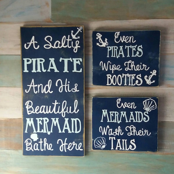 Pirate Mermaid Bathroom Sign Set, Nautical Decor