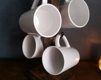 Rustic Wood Coffee Mug Tree - 4 Mug Holder
