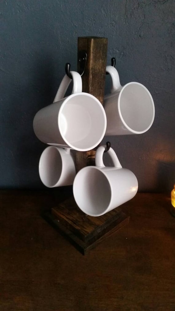 Rustic Wood Coffee Mug Tree - 4 Mug Holder