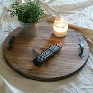 Round Rustic Wood Serving Tray, Black Handles, Housewarming Gift
