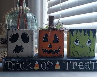 Halloween Block Shelf Sitters, Ghost, Pumpkin, Frankenstein Decor