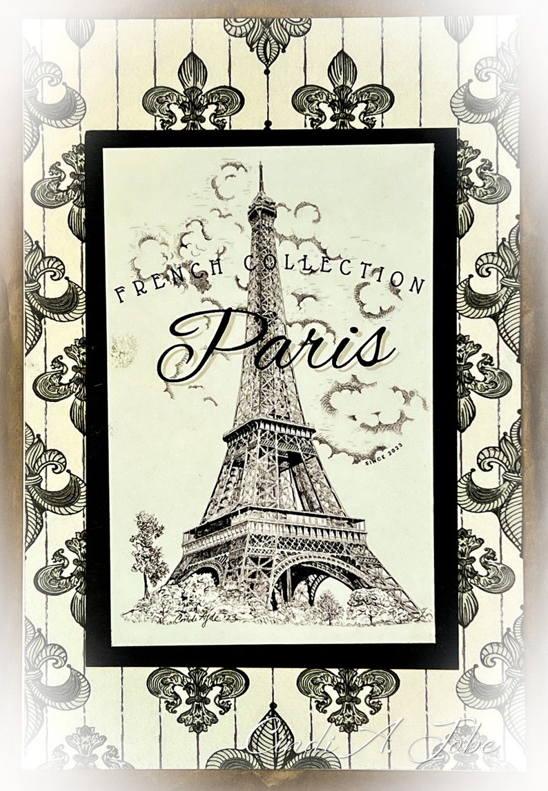 Closeup of Eiffel Tower print on Fleur de lis design. Original is handrawn by me. Background design also by me.