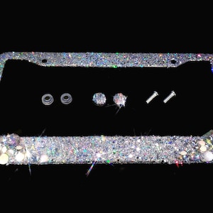 3D Bling license plate frame with holographic silver glitter and clear AB crystals handmade diamond rhinestone holder cover bedazzling