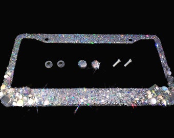 3D Bling license plate frame with holographic silver glitter and clear AB crystals handmade diamond rhinestone holder cover bedazzling