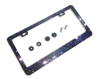 Handmade Chunky Black Glitter License Plate Frame with Screw Caps