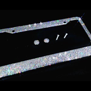 Dazzling Bling license plate frame silver big glitter clear made in usa handmade diamond holder screw caps bedazzled number plate