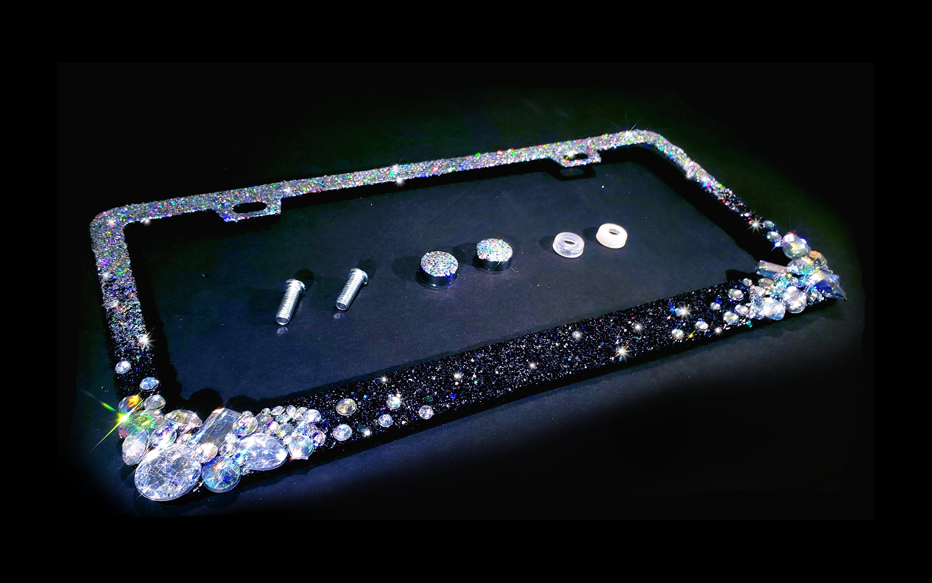 Ombre Bling License Plate Frame Black and Silver Big Crystals and