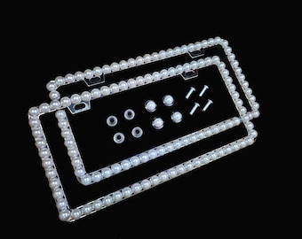 2 3D Bling Giant White Pearls metal license plate framew, handmade in USA, diamonds, gem, cover, screw caps, gem for her  women girls