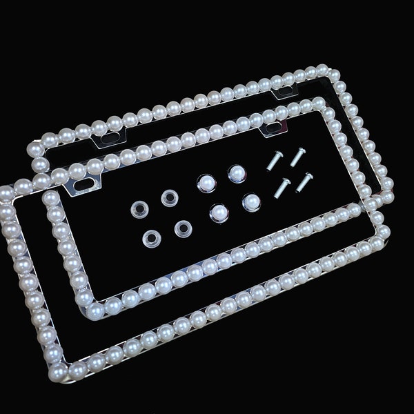2 3D Bling Giant White Pearls metal license plate framew, handmade in USA, diamonds, gem, cover, screw caps, gem for her  women girls