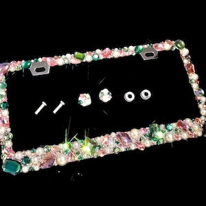 3D Bling Pearl metal license plate frame with light baby pink, green rhinestones, handmade in USA, apple, emerald, mint,crystals cover