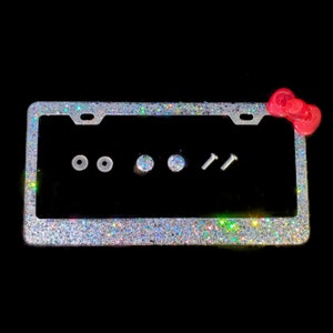 Bling License Plate Frame: Silver Glitter, Hot Pink Kitty Bow