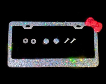Bling License Plate Frame: Silver Glitter, Hot Pink Kitty Bow