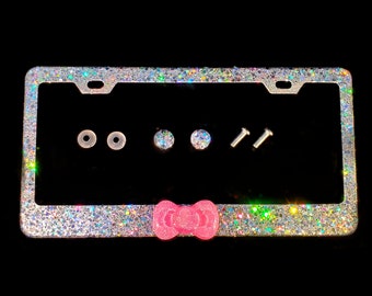 Bling License Plate Frame: Silver Glitter, Pink Kitty Bow, Diamond Screw Caps