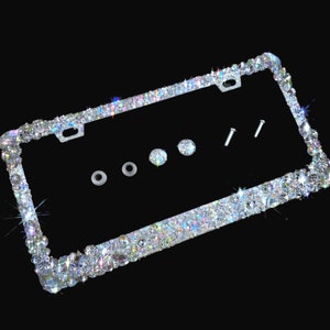 Handmade Bling License Plate Frame: Holographic Silver Glitter, AB Crystals