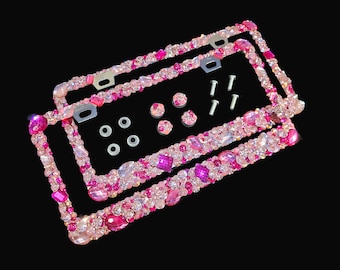 2 3D Bling license plate frames with baby pink, rose, fuchsia, Rhinestones AB handmade in America  cover screw caps bling crystals diamond