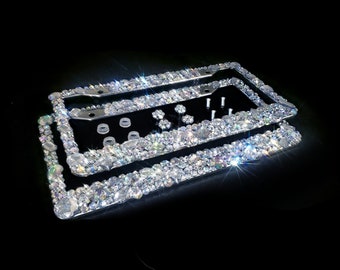 2 3D Bling license plate frames AB clear crystals hand made in America diamond rhinestone holder cover screw caps set pair number
