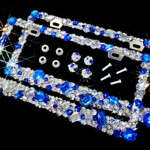 Handmade Bling License Plate Frames: AB Clear & Blue Rhinestone, Set of 2