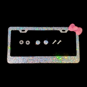 Chunky Silver Glitter License Plate Frame: Pink Kitty Bow, Bling Car Decor