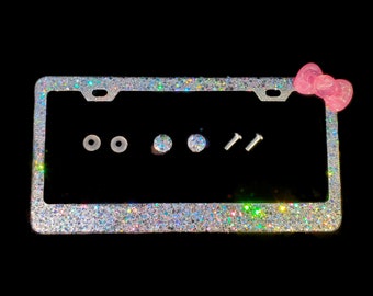 Chunky Silver Glitter License Plate Frame: Pink Kitty Bow, Bling Car Decor