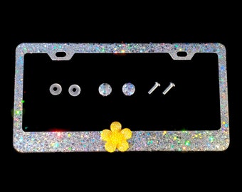 Dazzling Bling license plate frame with chunky silver glitter & 3D yellow rhinestone flower clear crystal diamond holder screw cap bedazzled