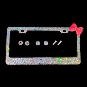 Handmade Glitter License Plate Frame: Silver Bling with Hot Pink Bow