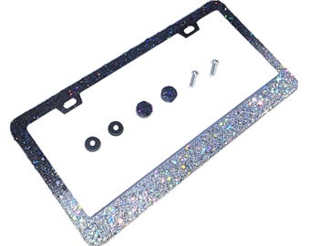 Bling Ombre License Plate Frame Holographic Black Silver Big Chunky Glitter Handmade Diamond Holder Caps Bedazzled Gift for Her Girl Women
