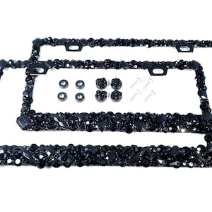 2 3D Bling license plate frames black chunky crystals handmade in America diamond rhinestone holder screw caps set pair numberplate