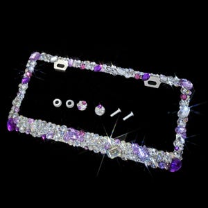 3D Bling License Plate Frame: AB Clear & Purple Rhinestone Crystals