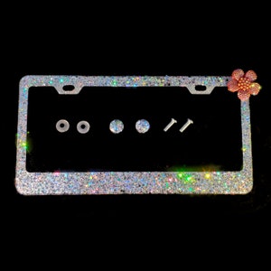 Chunky Silver Glitter License Plate Frame: Rhinestone Flower, Bling Car Decor