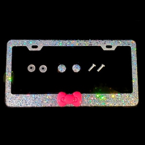 Bling License Plate Frame: Silver Glitter, Hot Pink Kitty Bow