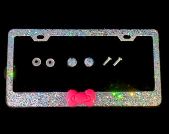 Bling License Plate Frame: Silver Glitter, Hot Pink Kitty Bow