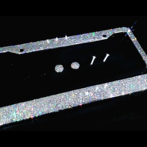 Moldura de placa de carro deslumbrante e brilhante, prata, grande, brilhante, transparente, feita nos EUA, suporte de diamante feito à mão, tampas de rosca, placa de número deslumbrante