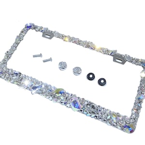 3D Bling License Plate Frame: AB Clear Glass Rhinestones, Anti-Theft