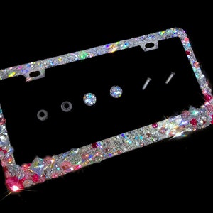 Bling License Plate Frame: Chunky Silver Glitter, Pink Crystals