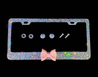 Silver Glitter License Plate Frame: Pink Kitty Bow, Diamond Screw Caps