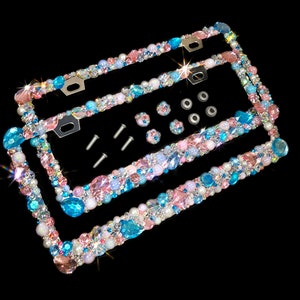 Bling License Plate Frames: Pink & Blue Rhinestones, Pearl Accents (Set of 2)