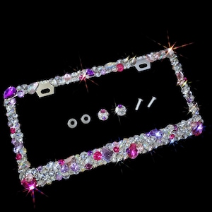 3D Bling Rhinestone License Plate Frame: AB Clear, Purple, Pink Crystals