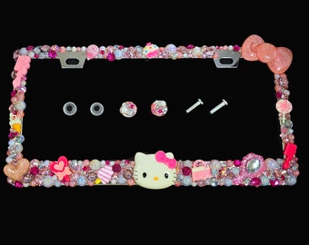 Cadre de plaque d'immatriculation 3D rose strass : décoration de voiture Bling fait main