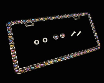Moldura de placa de carro artesanal em pérola negra iridescente: decoração brilhante para o carro