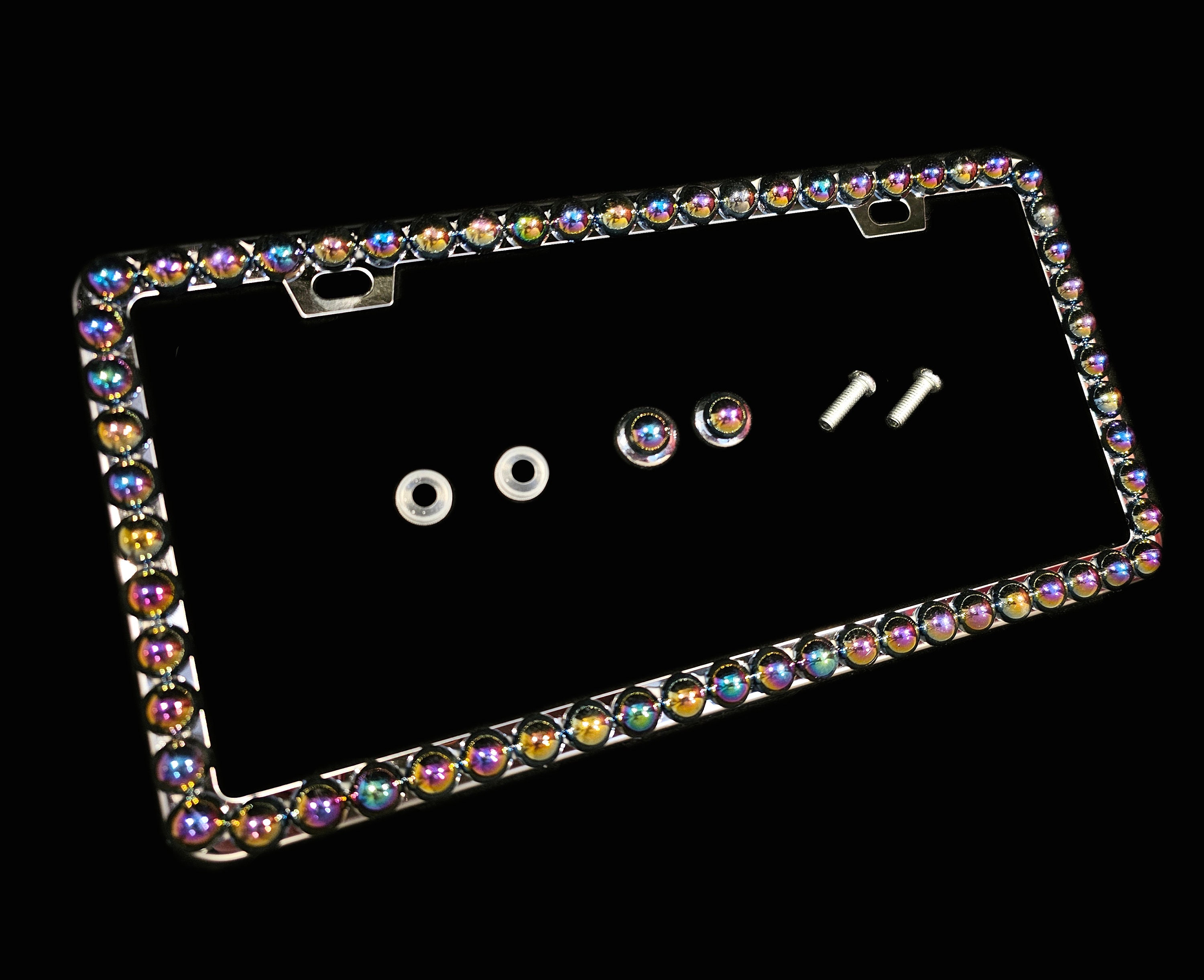 3D Bling Iridecent Black Pearls metal license plate frame, handmade in USA, diamonds, gem, cover, screw caps, gem, Jet, AB, Holographic