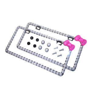 Pearl License Plate Frames: Pink Glitter Bow, Handmade Bling (Set of 2)