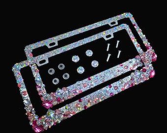 Cornici portatarga Bling: glitter argento, strass rosa, set da 2