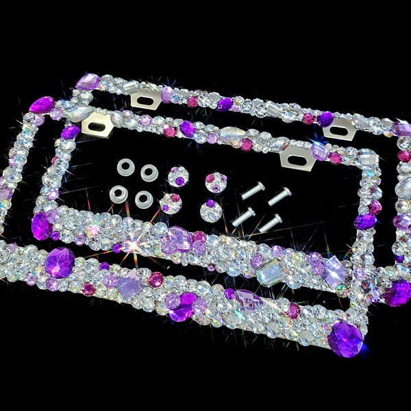 2 3D Bling license plate frames with AB clear and purple lavender violet amethyst crystals  hand made in America diamond rhinestones cover