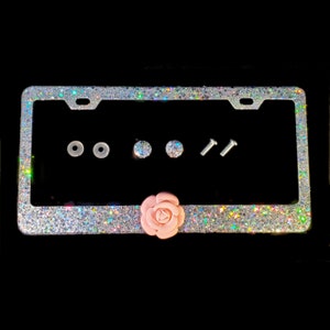 Handmade Silver Glitter License Plate Frame: Pink Flower Bling