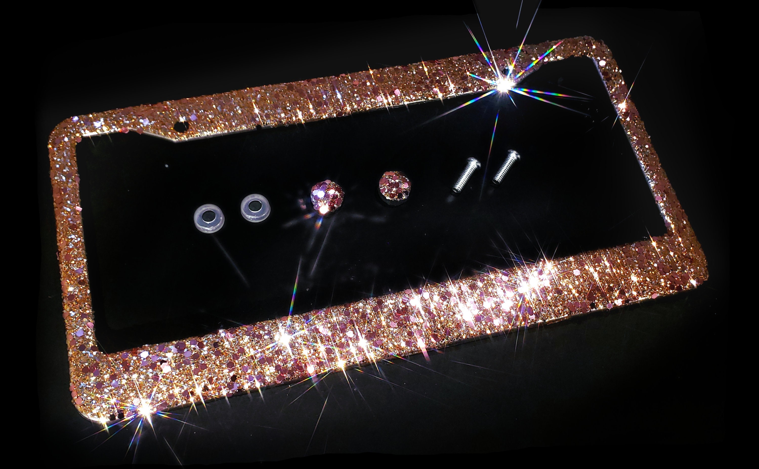Bling Kennzeichen Rahmen Rosegold große Kristalle und Glitzer klar made in  USA handgemacht Diamant Strass Halter Schraubverschlüsse Kupfer Metalic -  .de