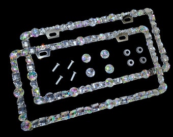 3D Bling l license plate frame chunky clear and clearAB  rhinestones, handmade in USA, diamonds, gem, cover, screw caps, gem, AB, crystal